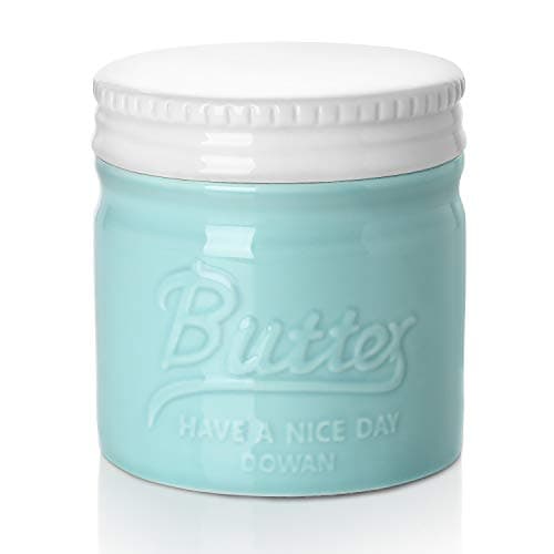 DOWAN Butter Crock, French Butter Dish for Spreadable Soft Butter, Ceramic Butter Keeper with Lid for countertop, Housewarming Gift for Wife Mom Friends, Blue