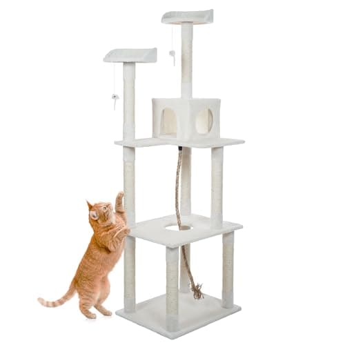 Cat Tree - 6-Foot Cat Tower for Indoor Cats with Napping Perches, Kitty Condo, 9 Cat Scratching Posts, 2 Hanging Toys, and Rope by PETMAKER (Ivory)
