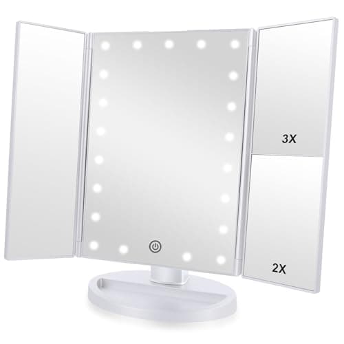 Flymiro Tri-fold Lighted Vanity Makeup Mirror with 3x/2x Magnification,21 LEDs Light and Touch Screen,180 Degree Free Rotation Countertop Cosmetic Mirror,Travel (White)