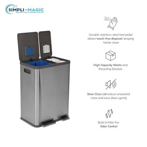 Simpli-Magic 16 Gallon (38L x 22L) Dual Compartment Step Trash Can – Kitchen Garbage Can with Waste & Recycling Bins – Slow-Close Lid, Odor Control, Hands-Free, Easy to Clean, Brushed Stainless Steel 6