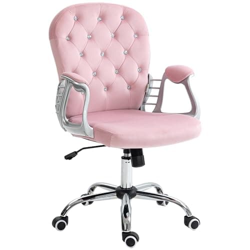 Vinsetto Velvet Home Office Chair, Button Tufted Desk Chair with Padded Armrests, Adjustable Height and Swivel Wheels, Pink