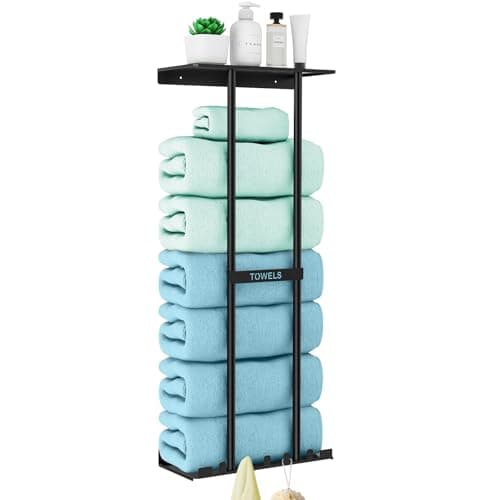 Towel Rack with Shelf with 5 Hooks, Metal Towel Racks for Bathroom Wall Mounted, Wall Towel Storage Holder 30In, Can Holds 6 Large Towels, Bath Towel Rack for Rolled Towels (Black)