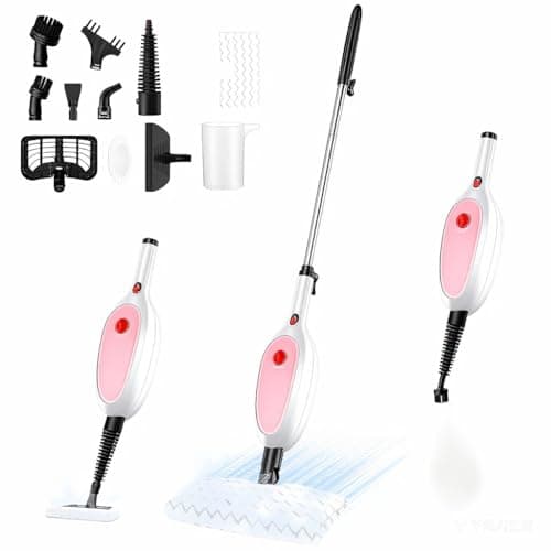 Steam Mop, Detachable Handheld Steam Cleaner with 10-in-1 Multipurpose Accessories, Two-sided Mop, Double Cleaning Area, Multi Surfaces Steamer for Wood Floor, Tile, Window, Clothes, Furniture & Grout