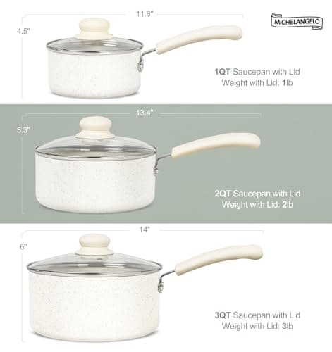 MICHELANGELO Sauce Pan With Lid, Granite Nonstick Saucepans Set, 1QT&2QT&3QT Saucepan With Lid, Multipurpose Cooking Pots, White 7
