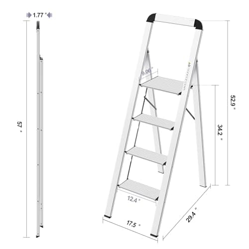 KINGRACK Aluminium 4 Step Ladder, Lightweight Step Stool with Non-Slip Pedals, Handrail, Foldable Step Ladder for Kitchen, Garage, Home, Space Saving, Sturdy and Portable, Silver 6