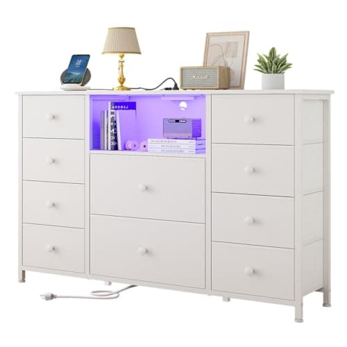 LDTTCUK Dresser with Charging Station and LED Lights, Long Dresser for Bedroom Dresser TV Stand with 10 Drawers, Fabric Chest of Drawers with PU Finish, Wide Dresser Storage Organizer, White