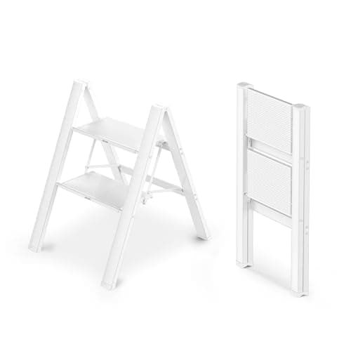 WOA WOA 2 Step Ladder, Foldable Step Stool, Aluminum Lightweight Ladder for Home Kitchen Closet, Anti-Slip Pedals, Ease of Folding, Portable, 300lbs Capacity - White