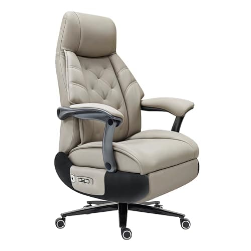 Kinnls Magnus Massage Office Chair with Ventilation and Heating,Leather Power Recliner Chair with Footrest,Big and Tall Ergonomic Comfy Home Office Desk Chairs High Back 500lbs (Light Gray)