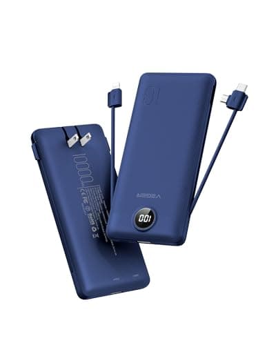 VEGER Portable Charger with Built-in AC Plug and Cables, All in One 10000mAh Ultra Slim Power Bank Travel Essentials, Fast Charging Battery Pack Compatible with iPhone, Samsung, Android (Navy)