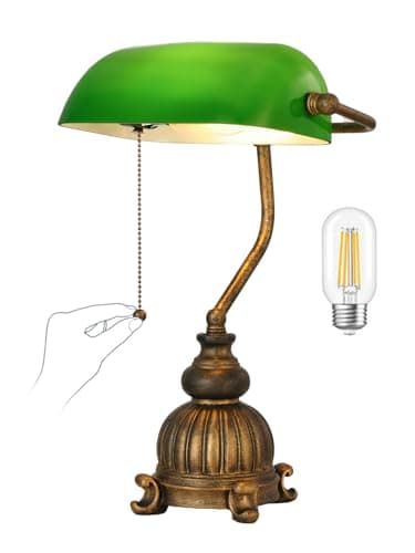 Newrays Retro Green Glass Bankers Desk Lamp for Home Office,Library with Pull Chain Switch Plug in Fixture, LED Bulb Included