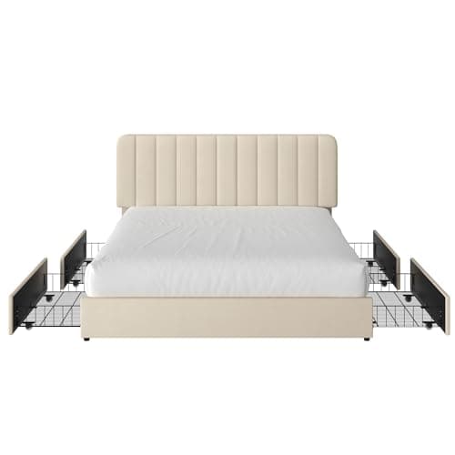 VECELO Full Size Upholstered Bed Frame with 4 Drawers and Headboard, Velvet Platform Storage Bedframe, Wooden Slats Support, No Box Spring Needed,Beige 7