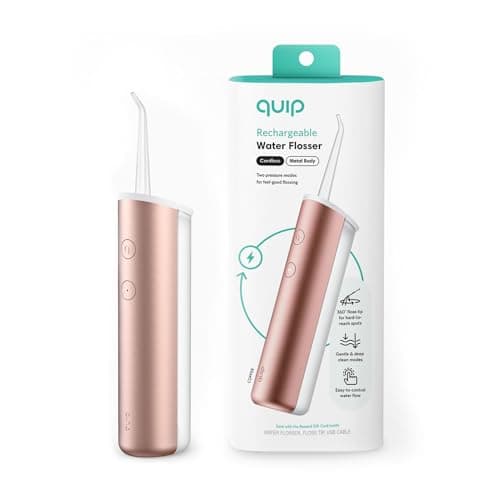 quip Water Flosser - Cordless Water Flosser with Adjustable Water Pressure - Water Teeth Cleaner Pick with 360 Degree Rotating Replaceable Tip, Rechargeable Water Dental Pick, Metal Handle - Copper