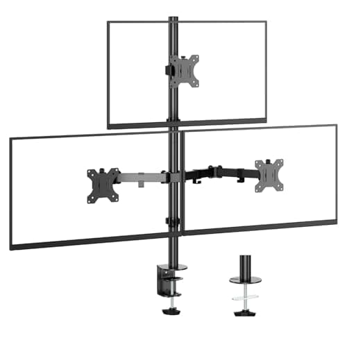 UPGRAVITY 3 Monitor Desk Mount for 17 to 32 inch Screens, Fully Adjustable Triple Monitor Stand with Tilt,Swivel,Rotate, Each Arm Holds up 17.6 lbs,VESA Mount 75x75/100x100mm, Clamp & Grommet Kit