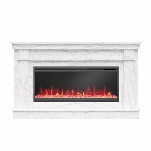 Novogratz Waverly 64 Inch Electric Fireplace with Mantel, Replaceable Fireplace Insert Heater, Remote Control, Timer, Color Changing Crystal Ember Flames, For Living Room or Bedroom, White Marble 5
