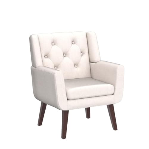 Living&Giving Accent Chair Button-Tufted Upholstered Living Room Chairs Comfy Reading Mid Century Modern with Linen Fabric Lounge Arm for Bedroom (Beige) 29.33D x 28.94W x 34.65H Inch 5