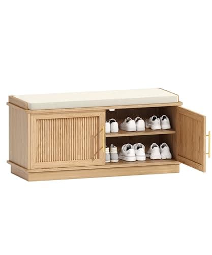 Akxomel Fluted Shoe Storage Bench with Cushion, 39.4" Entryway Bench with Adjustable Shelves and 2 Doors, Shoe Cabinet Bench with Curved Profile, for Hallway, Living Room, Bedroom, Natural Oak 7