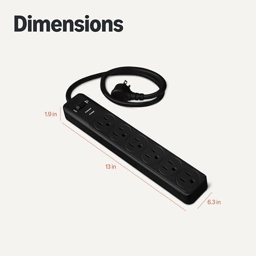 Amazon Basics Rectangle 6-Outlet Surge Protector Power Strip with Circuit Breaker, 600 Joule, 2ft Cord, Black, 2-Pack 5