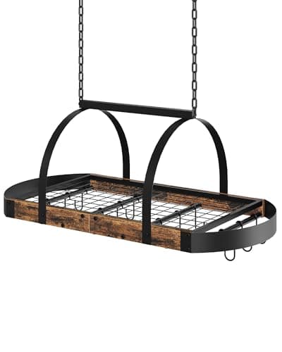 CHOEZON Hanging Pot Rack, Pot Hanger for Kitchen, Ceiling Mounted Pot Holder, Cookware Organizer with 12 S-Shaped Hooks, for Pot, Pan Storage, Space Saver, Rustic Brown and Black TPR08BF