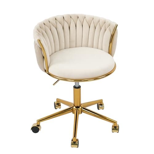 HENGJIANYI Velvet Woven Home Office Chair, Modern Swivel Desk Chair with Wheels, Height Adjustable Vanity Chair with Gold Metal Base and Hand Weaving Back, Beige
