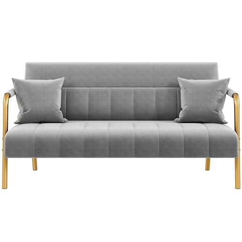 Yaheetech 56.5" W Modern Sofa Small Sofa Luxurious Velvet Fabric Couch with Gold-Tone Metal Arms and Legs for Living Room, Home Office, Studio Light Gray