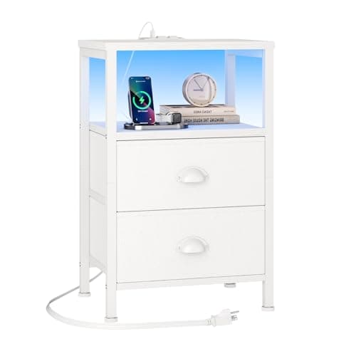 Furologee Nightstand with Charging Station, End Table with LED Lights, Bedside Table with Fabric Drawers and Storage Shelf, White Night Stands for Living Room/Bedroom