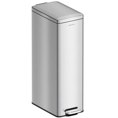 SolaceCove 8 gallon/30L Slim Stainless Steel Garbage Can with Soft Close lid for Small Spaces，Pedal Fingerprint Proof Trash Bin with Removable Inner Bucket for Kitchen