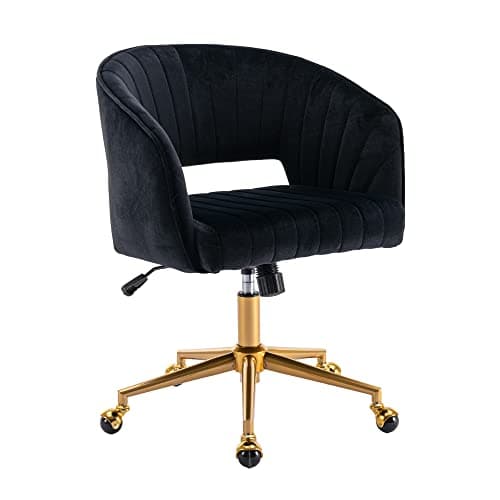 Home Office Chair Swivel Velvet Desk Chair Accent Armchair Upholstered Modern Tufted Chairs with Gold Base for Girls Women Ergonomic Study Seat Computer Task Stools for Living Room(Black)