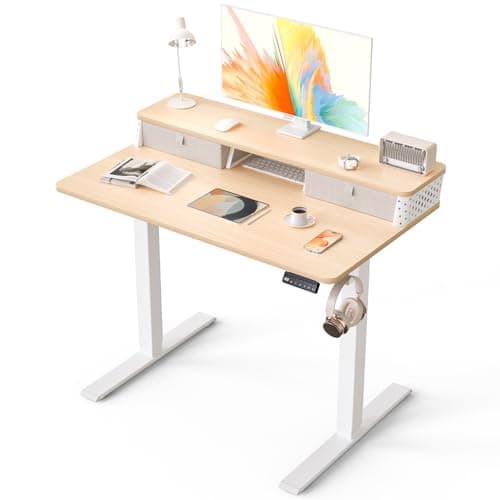Kingant 40 x 24 Inch Small Electric Standing Desk with Dual Drawers, Height Adjustable Sit to Stand Computer Desk with Storage Shelf and C-Clamp Mount Compatibility for Home Office, Nature