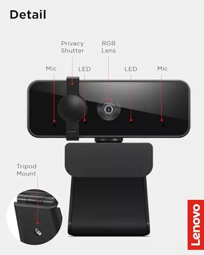 Lenovo Essential Full HD 1080P Webcam, Dual Microphone, No Driver 1.8m USB 2.0, Wide-Angle, Tilt-Control, 360-Degree Rotation, Black 8