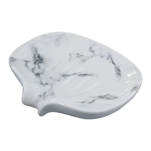 Polyroyal White Marble Texture Soap Dish Ceramic Soap Holder Self Draining Soap Dish Waterfall Slot Sponge Holder Bathroom Accessories for Bathroom, Kitchen,Bar Counter.