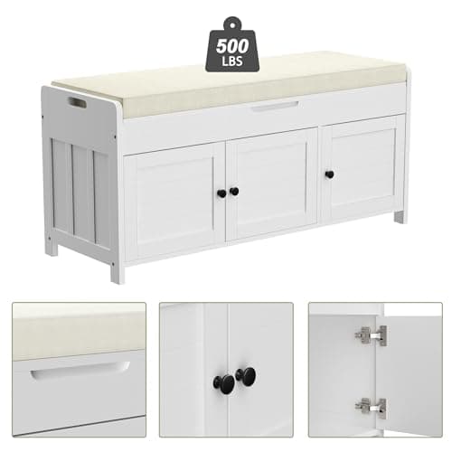 43.5" Shoe Storage Bench for Entryway, Bench with Shoe Storage, Storage Bench with Cushion and Hidden Storage, Shoe Bench with Storage for Entryway, Hallway, Mudroom and Living Room, White 8