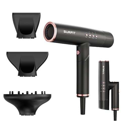 Hair Dryer with Diffuser, Surfit Blow Dryer, Foldable Travel Hairdryer, 110,000 RPM Professional Ionic Hair Dryer for All Hair Types, 1 Min Fast Drying, Precision Styling, No Heat Damage