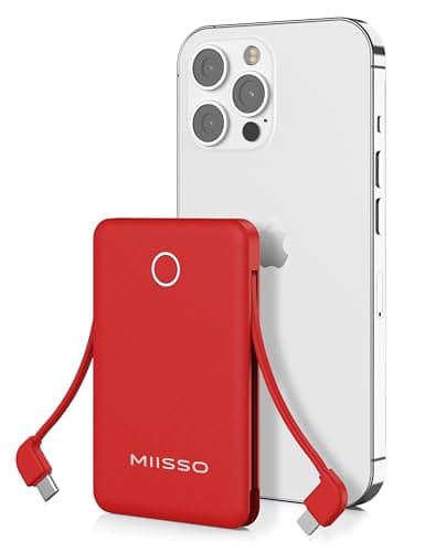 miisso 6000mah Ultra Slim Built in Cables Power Bank, Card Size Built in USB C Cords Battery Pack Portable Charger for Phones, 3 Output External Battery Pack Compatible with iPhone, Red
