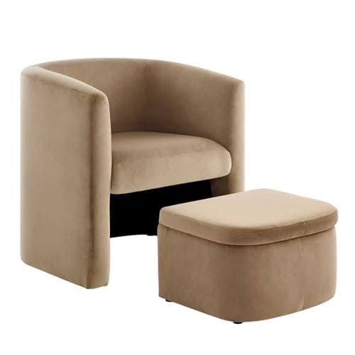 COLAMY Upholstered Velvet Barrel Accent Chair with Storage Ottoman, Morden Living Room Side Chair, Single Sofa Armchair with Lounge Seat for Bedroom/Office/Reading Spaces, Khaki