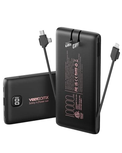 Portable Charger Power Bank Built in Cables and Wall Plug, 10000mAh iPhone Battery Pack Fast Charging, USB C External Slim Power Bank, Travel Essentials Compatible with iPhone 17 16 15 14 iPad, Black