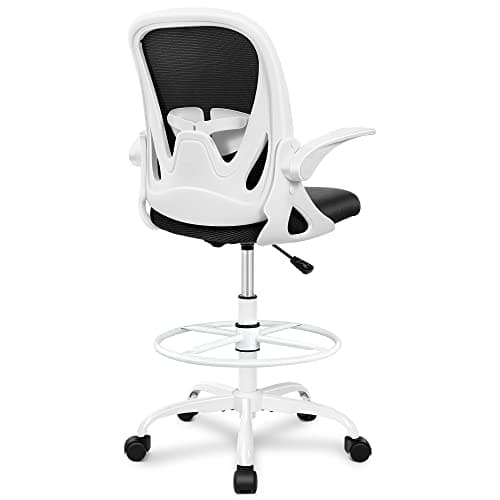 Primy Drafting Chair Tall Office Chair with Flip-up Armrests Executive Ergonomic Computer Standing Desk Chair with Lumbar Support and Adjustable Footrest Ring(White)
