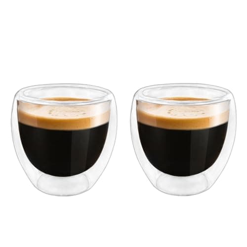 Double Wall Expresso Cups (Set of 2), 3 Ounce Glass Espresso Mugs - Clear, Double Walled, Insulated, Small Demitasse Cups for Espresso Machine - Microwave Safe