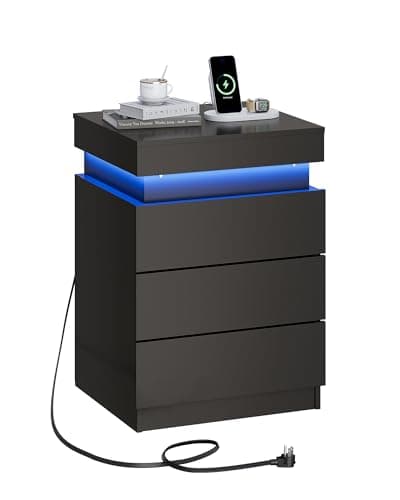 WLIVE Black Nightstand with Charging Station & LED Lights, Modern Night Stand with 3 Drawers and Sliding Top, Bedside Table End Table with Hidden Space for Bedroom, Living Room, Black