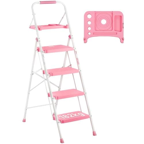 BONTEC 4-Step Ladder, 400lbs Max Load, Folding Step Stool with Tool Tray, Anti-Slip Pedals, Sturdy Steel, Lightweight Portable Ladder with Handrail for Home & Work Use, Pink