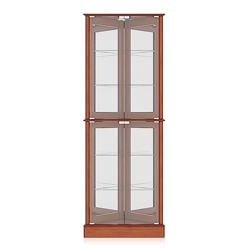 BELLEZE Lighted Corner Display Curio Cabinet Wooden Shelving Unit with Tempered Glass Door, Bar and Liquor Storage Area with 6 Shelves - Woody (Oak) 6
