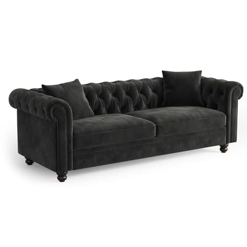 ONBRILL 82 Inch Chesterfield Sofa, 23 Inch Deep Seat Velvet Couch for Living Room, Button Tufted Couch with Rolled Arms, 2 Throw Pillows, Comfy Vintage Loveseat Sofa for Apartment, Black