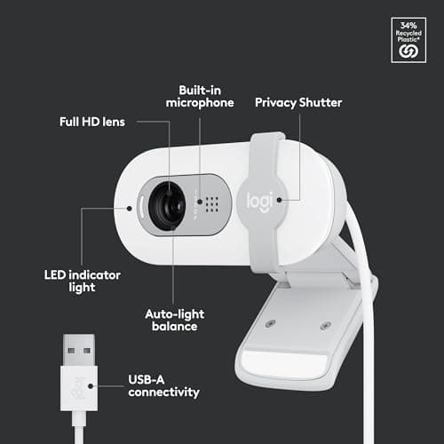 Logitech Brio 100 Full HD 1080p Webcam for Meetings, Streaming, Desktop, Laptop, PC - Built-in Mic, Shutter, Works with Zoom, Microsoft Teams, Nintendo Switch 2’s New GameChat Mode-Off -White 6