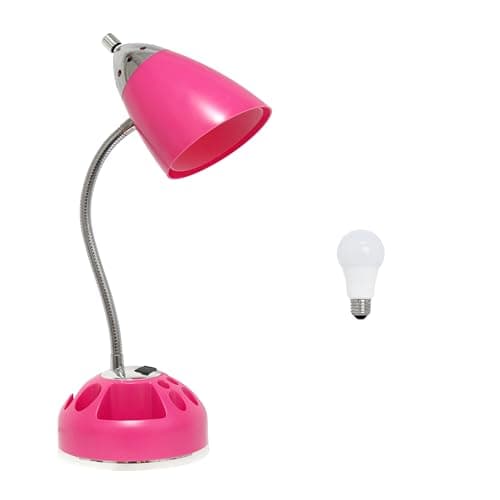 Simple Designs LD1015-PNK-LB 19.5" Flossy Organizer Desk Lamp with Charging Outlet Lazy Susan Base and LED Bulb, Pink