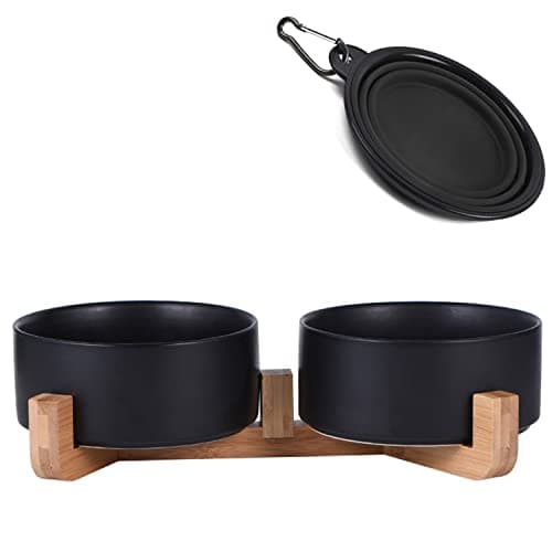 Petygooing Ceramic Dog Cat Bowls Set with Stand,Black Pet Food and Water Bowl,Small Dog Bowls Cute Modern Anti Slip Set of 2 Pet Feeder Small Size Pet Dish(13.5OZ/5.1 in)