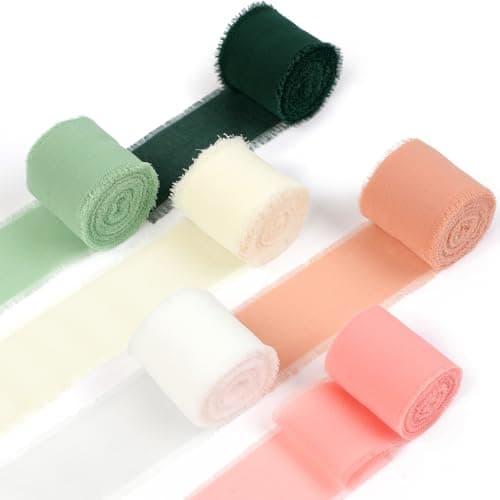 Phinus 1.6" x 6 Rolls Chiffon Ribbon, 33 Yards Colored Handmade Chiffon Silk Ribbon, Frayed Fringe Ribbons for Packaging Bouquets, Gifts, Wedding Invitation, DIY Craft, Home Party Decoration