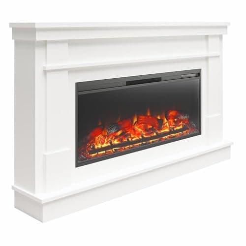 Pemberly Row Wide Mantel with Linear Electric Fireplace, 64 in Wide, Laminated MDF, White Finish, Realistic Flame Effect, Remote Control, Modern Design for Living or Family Room 6