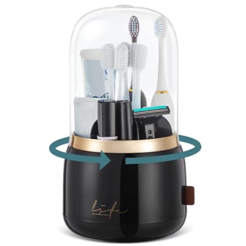 EXIN DECHEN Toothbrush Holders with Cover for Bathrooms, 360° Rotating 7-Slot Draining Water for Placing Kids Electric Toothbrushes,Toothpaste,Razors,Bathroom Counter Dresser Vanity Organizer(Black)