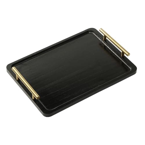 PEKER Wooden Serving Tray with Metal Handles, Black Decorative Coffee Table Tray for Breakfast in Bed, Ottoman & Home Décor, Wooden Food Tray for Kitchen, Living Room & Dining Table