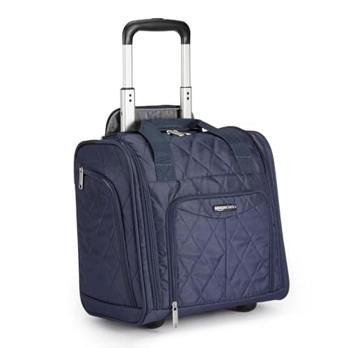 Amazon Basics Underseat Carry-On Luggage with Wheels, 14" Rolling Travel Bag, Fits Under the Seat with Multiple Pockets and Compartments, Navy Quilted