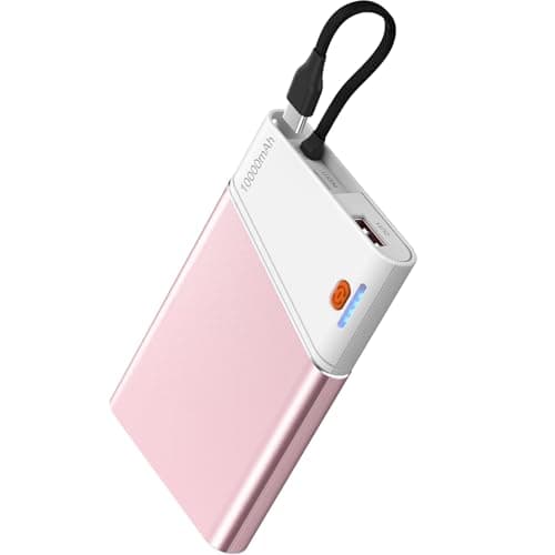 Aaoyun Portable Charger Power Bank, 10000mAh 22.5W PD Fast Charging Powerbank with Built-in USB C Cable, Slim External Phone Battery Pack for iPhone 17/16/15 Samsung S24 Android etc (Pink)